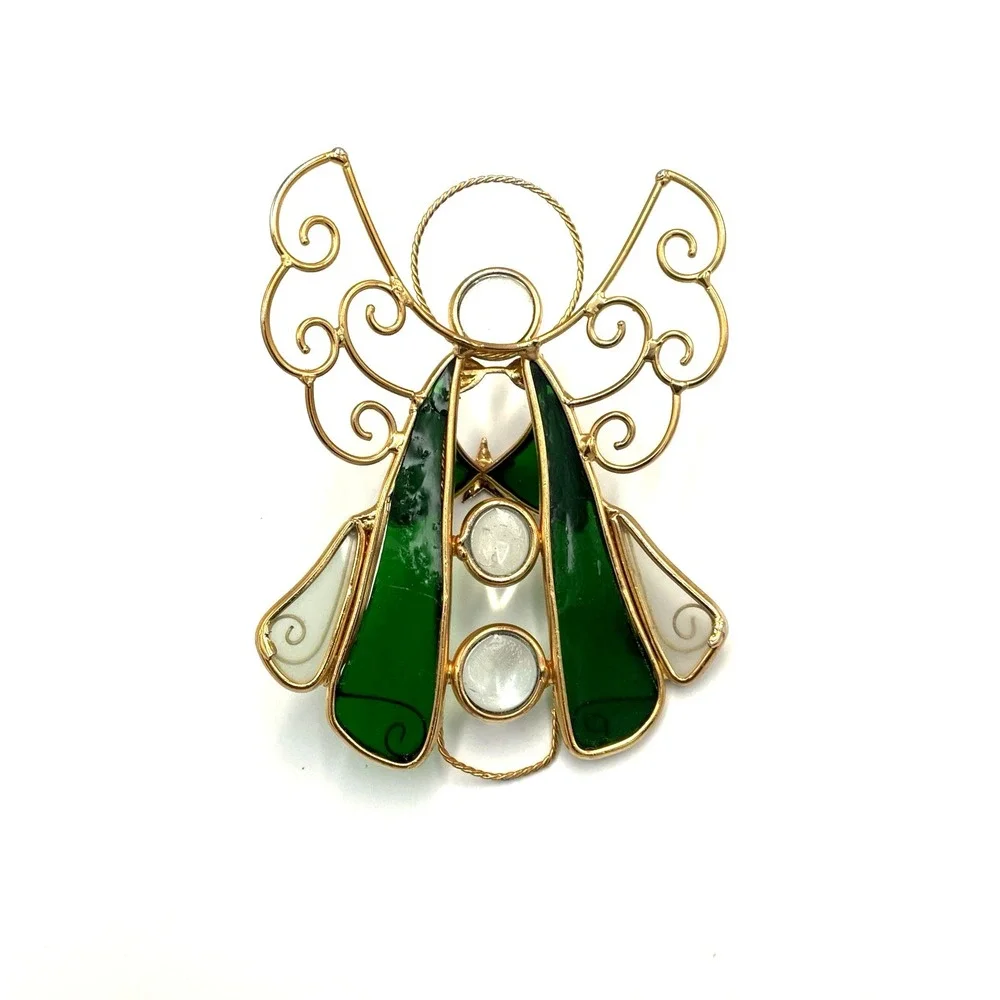 Stained Glass Angel Suncatcher Green Gold 6